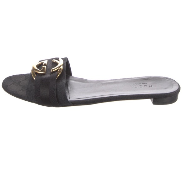 GUCCI BLACK & GOLD GG LOGO FLATS; Blondie cloth sandal - Picture 3 of 5